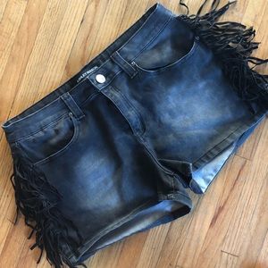 Black Denim Ashley Mason Shorts with Fringe
